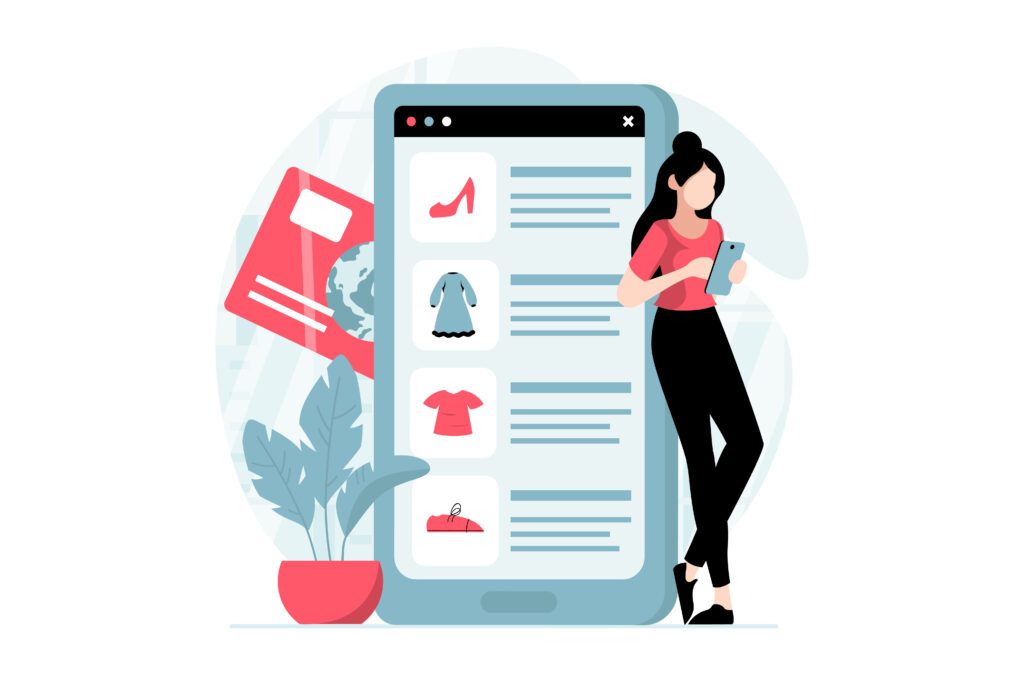 Concepto de comercio móvil con escena de personas en diseño plano. Mujer elegir productos en una variedad de tienda de Internet y hacer compras en línea en la aplicación.