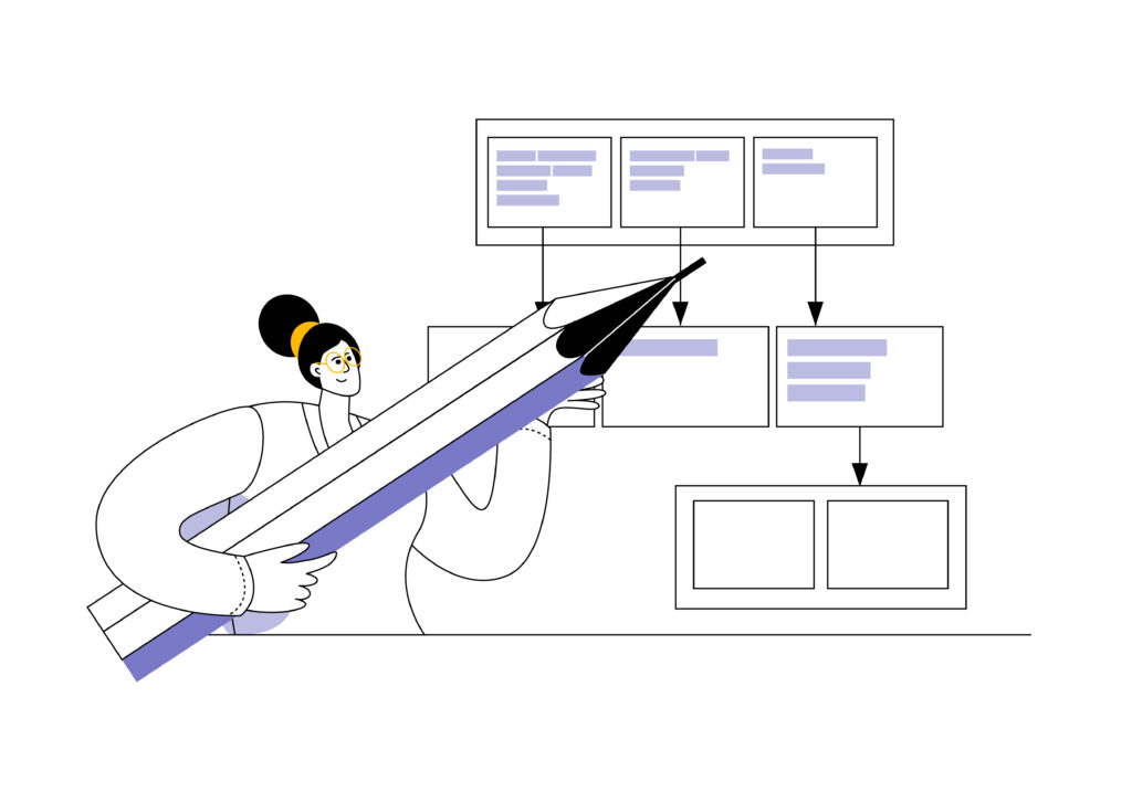 A business analyst develops a business process diagram. The concept of vector illustration on the subject of analytics and the development of technical requirements.